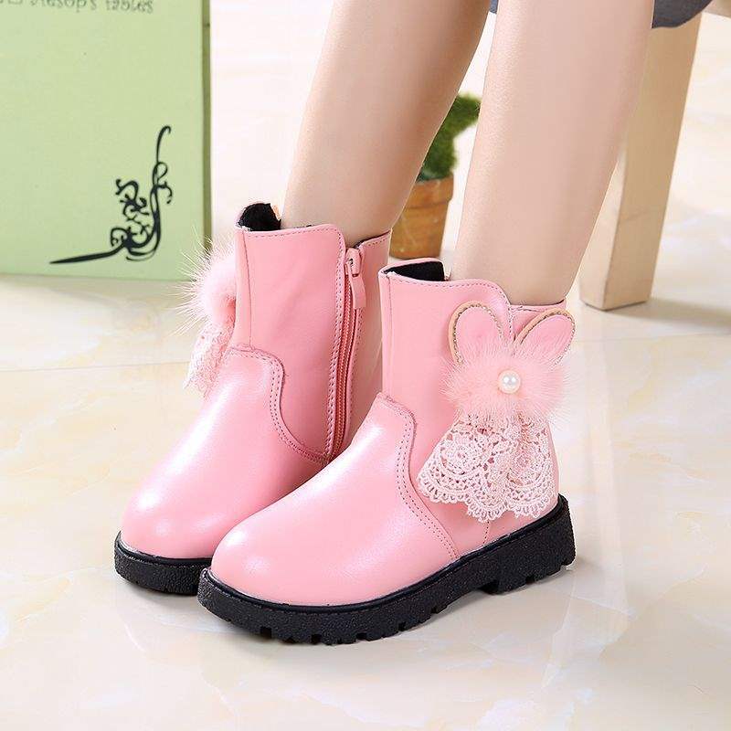 Mädchenschuhe Stiefel Kinder Kurzstiefel Herbst und Winter 2025 neue Baumwollstiefel Prinzessin zwei Baumwollschuhe Samt warm Spitze Kaninchen