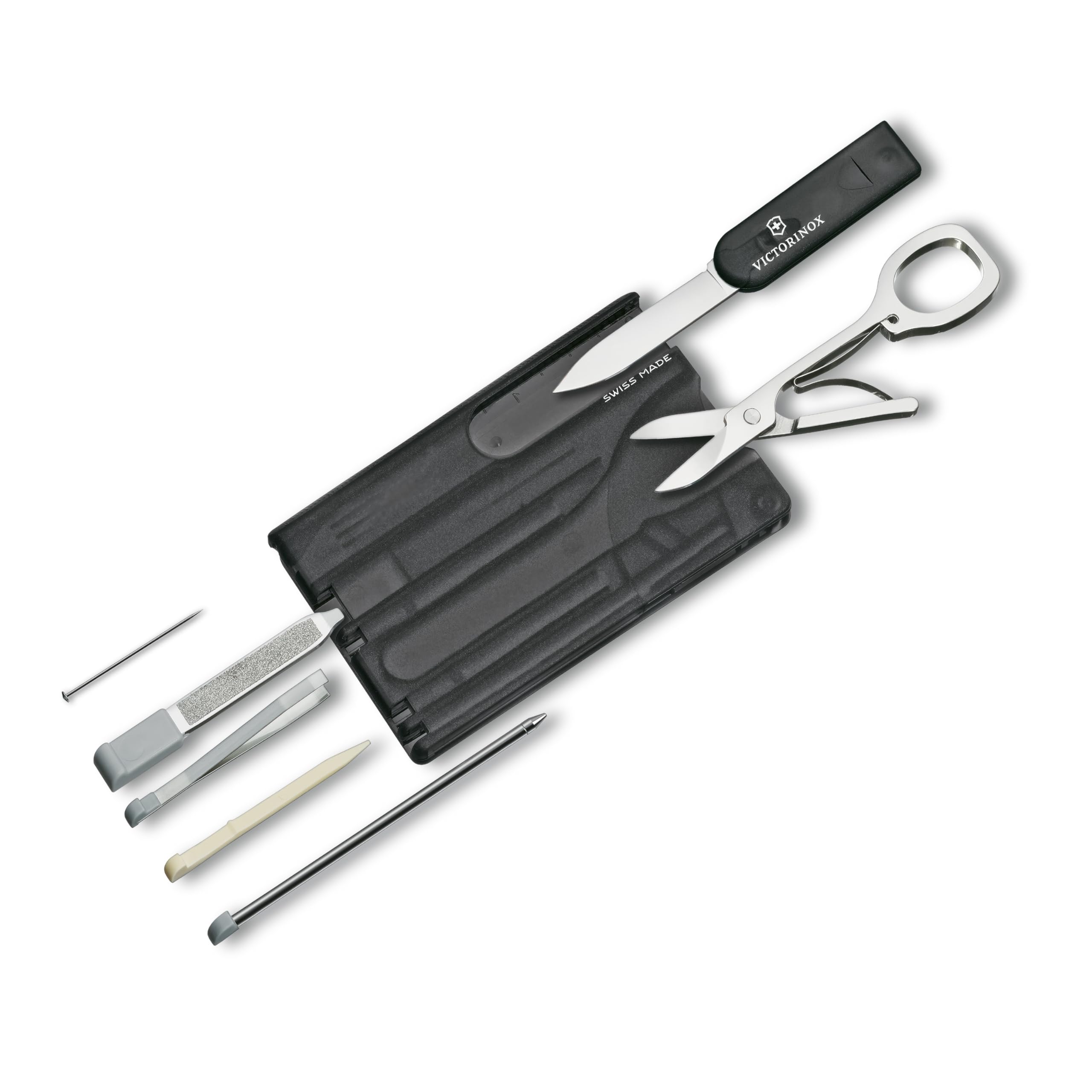 

VICTORINOX Swiss Army Knife with Swiss Card Classic Translucent Black, Multi-Function Stationery, Scissors, and Ballpoint Pen, Swiss-Made 10-Function