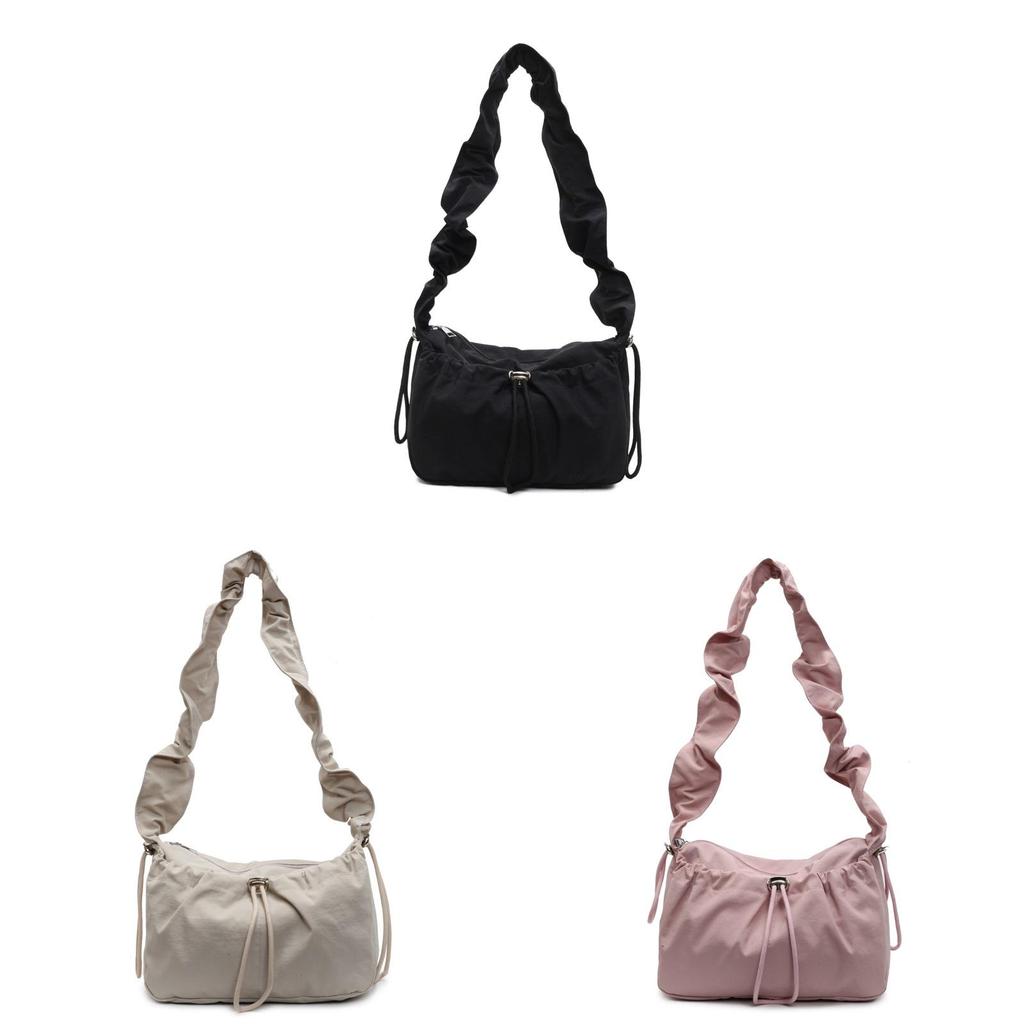 Nylon Shoulder Bag For Women With Drawstring Closure And Wrinkled Design For Daily Casual Wear