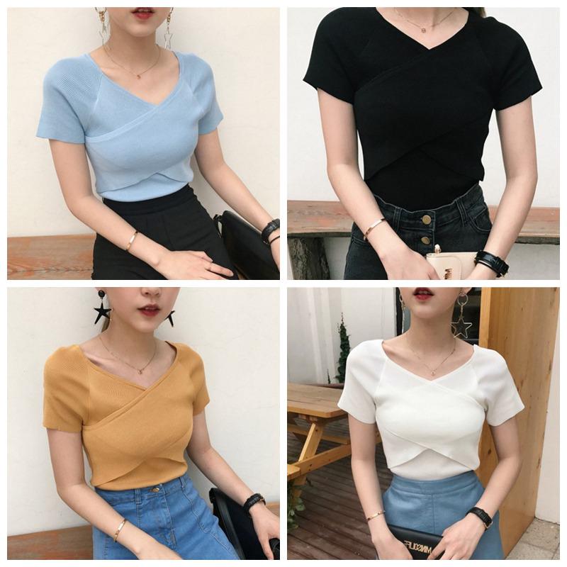 Women Fashion V-Neck Crisscross Tops Front Short Sleeve T-Shirt Sexy Slim Shirts