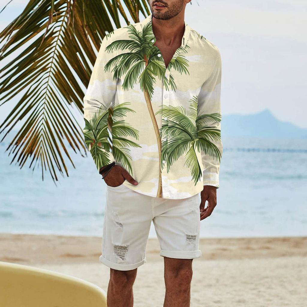 Men's Fashion Long Sleeve Printed Casual T Shirt Button Regular Fit Shirt Top