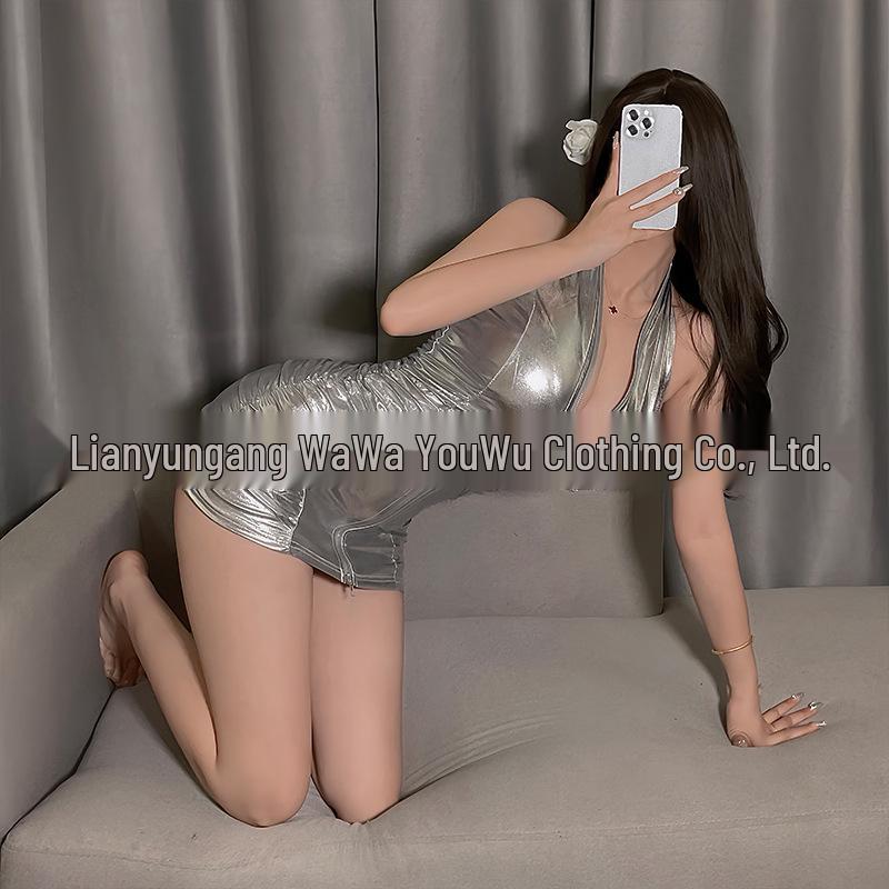 Flirty Plus Size Halter V-Neck Backless Silver Zipper Bodycon Mini Dress for Women
