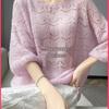 Women's Cashmere Round Neck Crochet Knit Sweater - Loose, Short-Sleeve, Hollow Design.