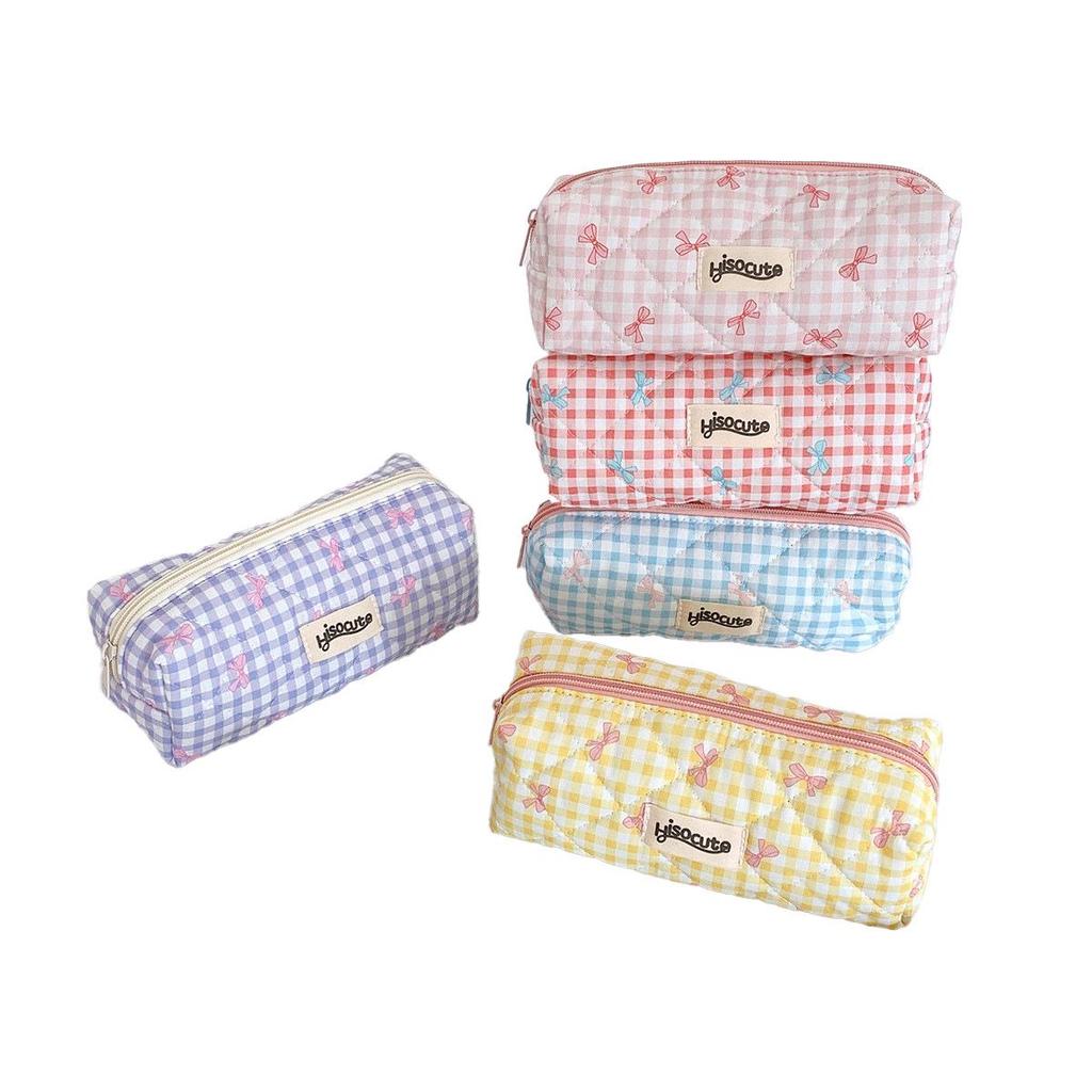 Plaid Bow Makeup and Pencil Case - Stylish and Portable Toiletry and Storage Bag for Students
