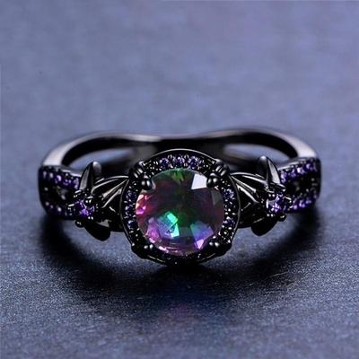 Huajie Retro-Ring aus Schwarzgold mit Totenkopf und violettem Zirkonia – Halloween-Schmuck im Punk-Stil