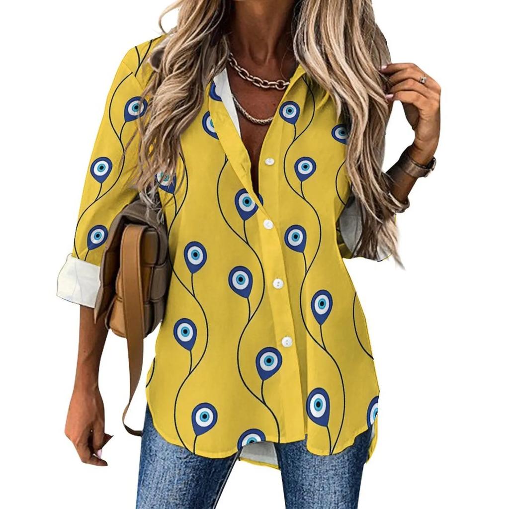Women Street Fashion Shirt Abstract Evil Eye Casual 2025 New Spring and Autumn Blouse Long Sleeve Vintage Print Office Blouses