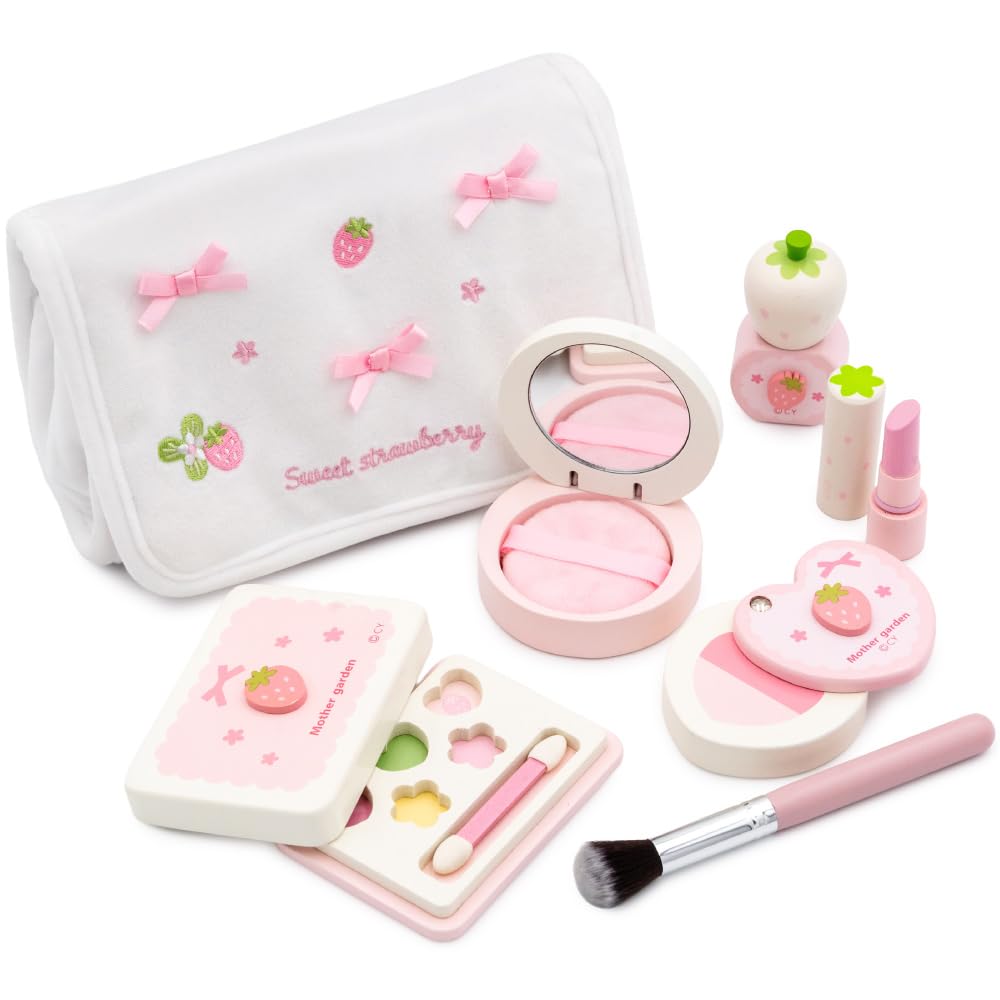 

Mother Garden Makeup Pouch Set Strawberry Pretend Play Makeup Gift for Wooden Pretend Play Toy (Sweet White) Set, Color-Free, 3-Year-Old Girls,