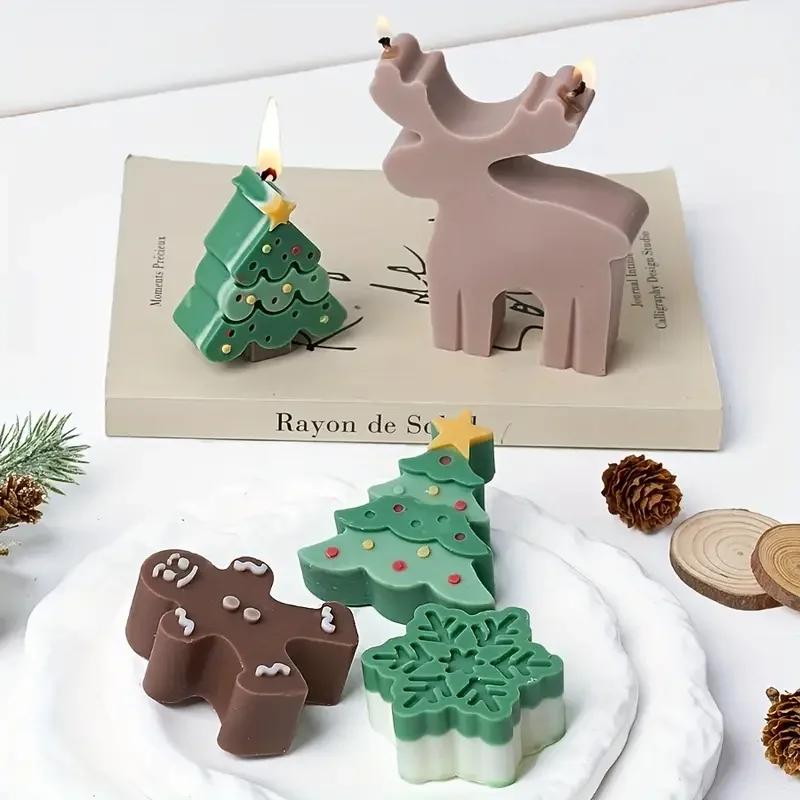 A Top quality 3Pcs Christmas Tree + Elk + Smiling Gingerbread Man Silicone Mold Set Design Suitable for DIY Candles Soap Plaster
