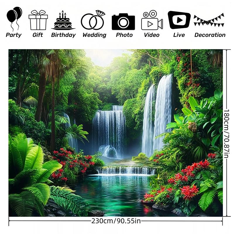 1 Tropical Waterfall and Floral Landscape Wall Hanging - Vibrant natural scene with lush greens reds
