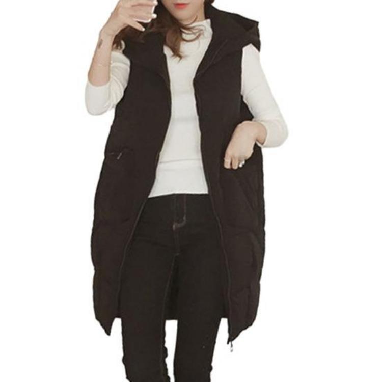 Women Hooded Down Vest Stand Collar Sleeveless Long Coat Quilted Puffer Jacket Full Zip Warm