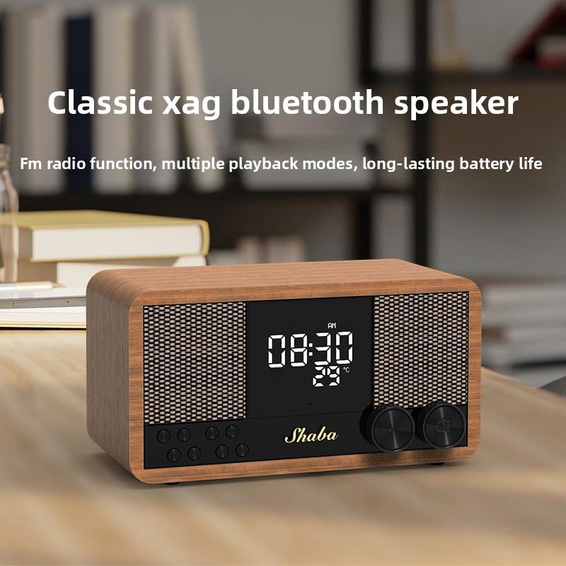 Vintage Bluetooth Speaker Wooden FM Radio Clock Alarm with Subwoofer, Retro Home Stereo Bass