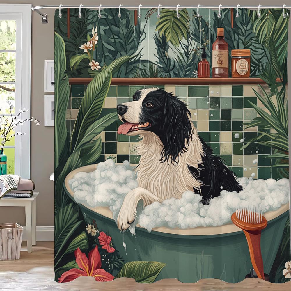 1pc Fun Cats and Dogs on the beach in Summer Shower Curtain, Bathroom Decorative Shower Curtain, Home Curtain with Hooks