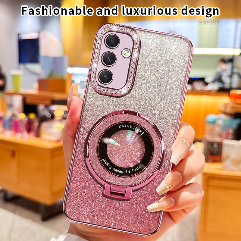Diamond Glitter Plating For Magsafe Phone Holder Case For Samsung Galaxy A15 A14 A13 A55 A54 A53 A52 4G 5G Stand Silicone Cover