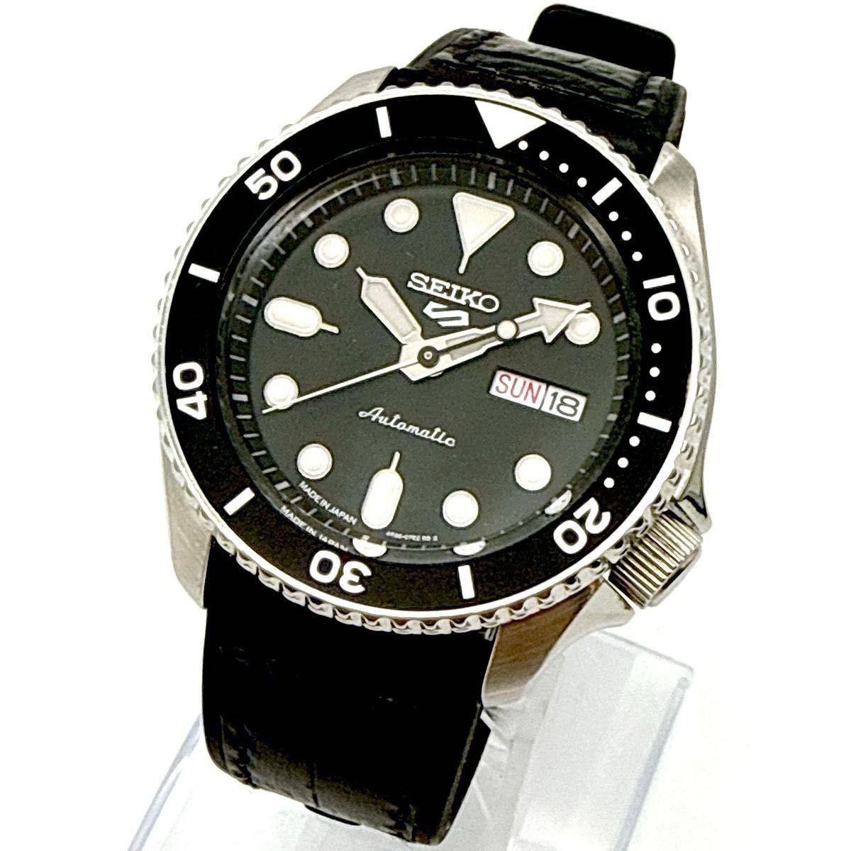 B123 [Good Condition] SEIKO 5 Sports Black Dial See-Through Back Automatic Mechanical Men s Watch