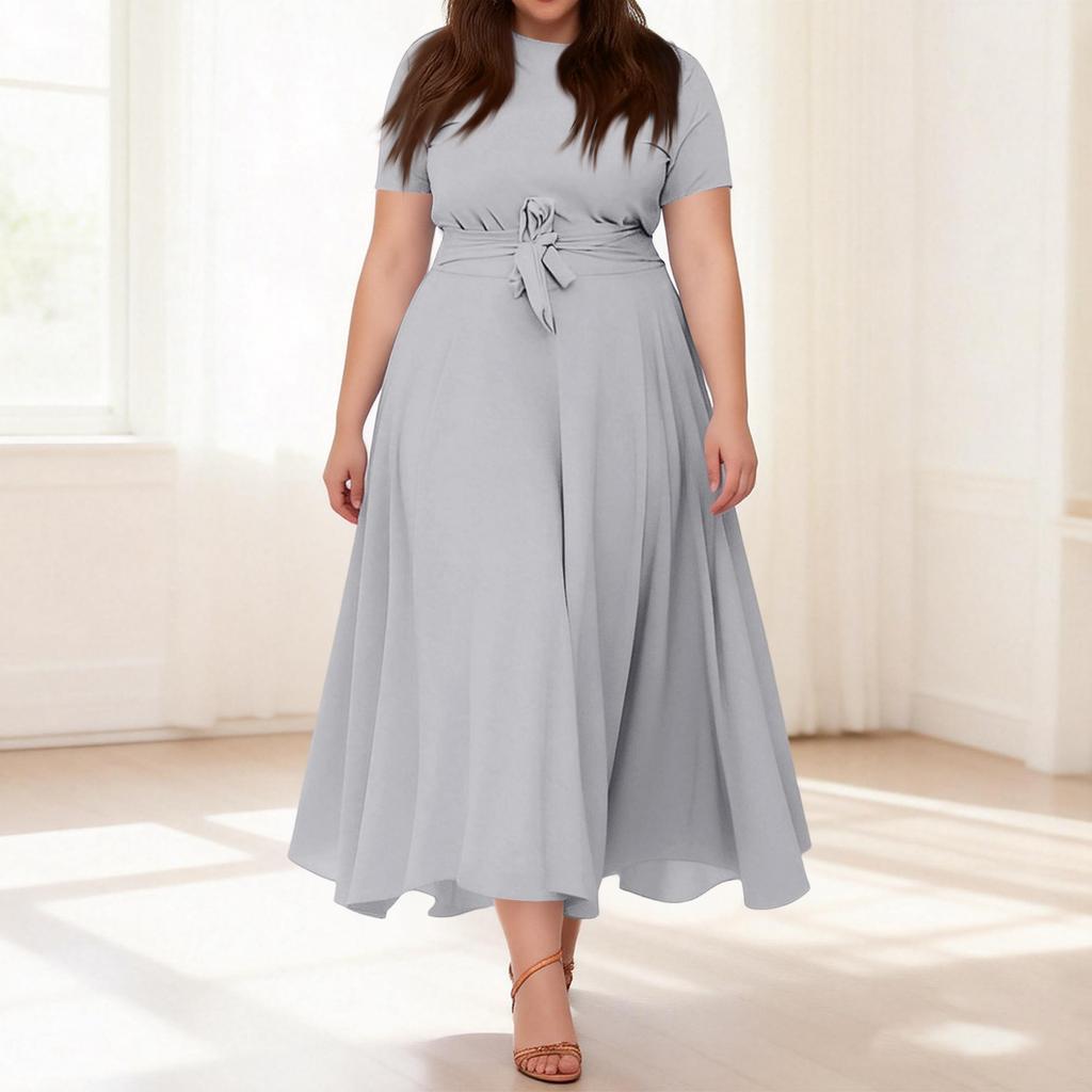 Women's Casual Fashion Large Size Color Round Neck Short Sleeve Pocket Straps Swing Dress