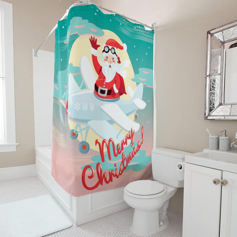 TU Christmas Shower Curtain Santa Claus Holiday Festive Bathroom Decor Waterproof Xmas Themed Backdrop Modern Style Home Textile