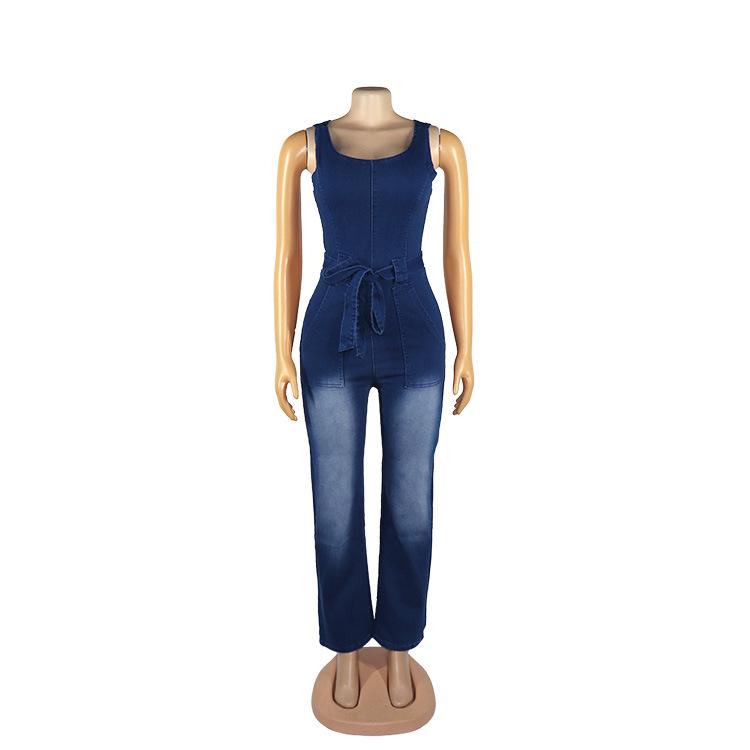 Women's European & American African Denim Halter Jumpsuit: Whitened, Washed, Stretchy, Tie Waist Belt.