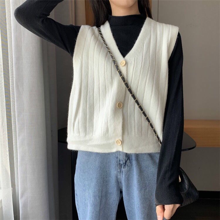 Women's Korean Style Loose Sleeveless Knitted Sweater Cardigan Vest Preppy Style Knitwear Cardigan Outerwear