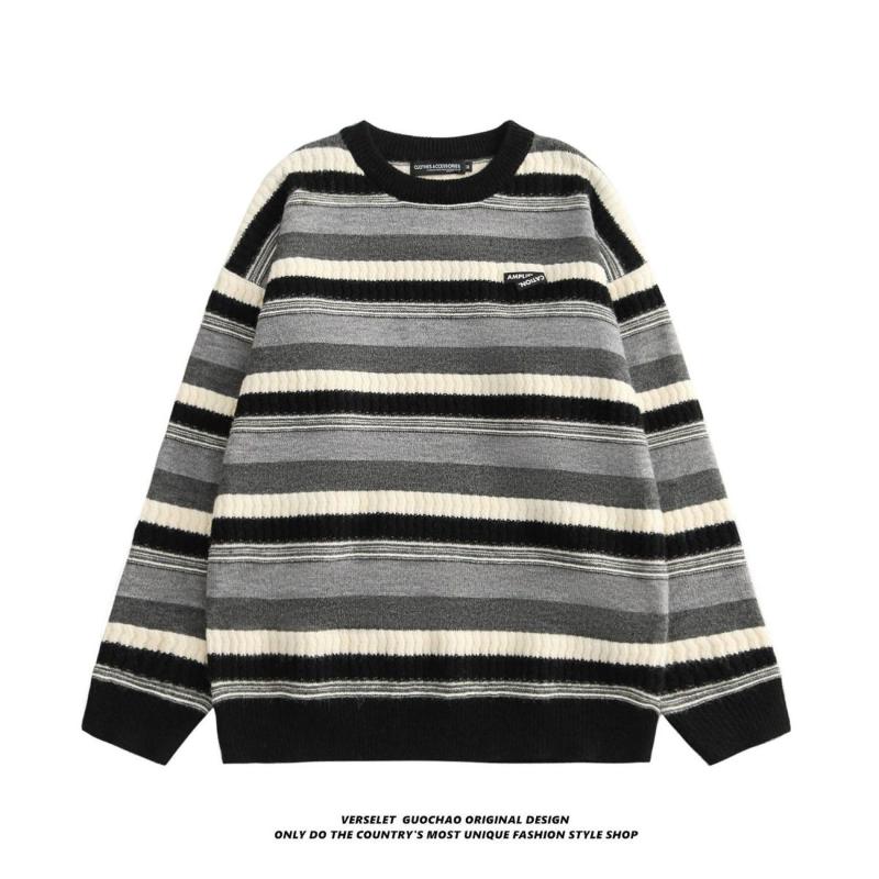Women's New Spliced Pullover Round Neck Fashionable Loose and Versatile Casual Knitted Striped Sweater