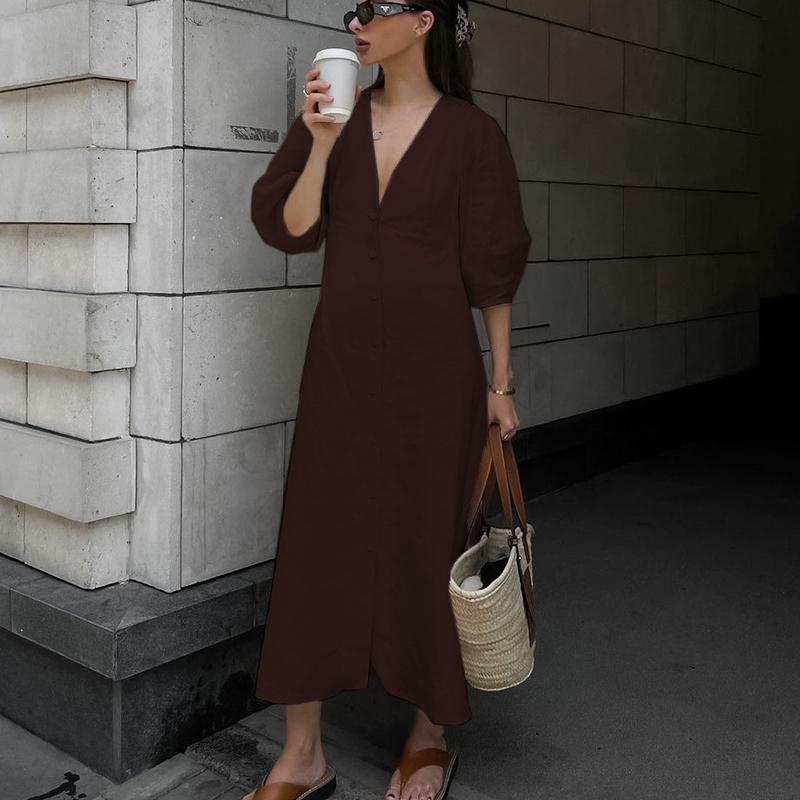 Simple Linen V-neck Puff Sleeve Backless Tie Dress Spring and Autumn Long Dress