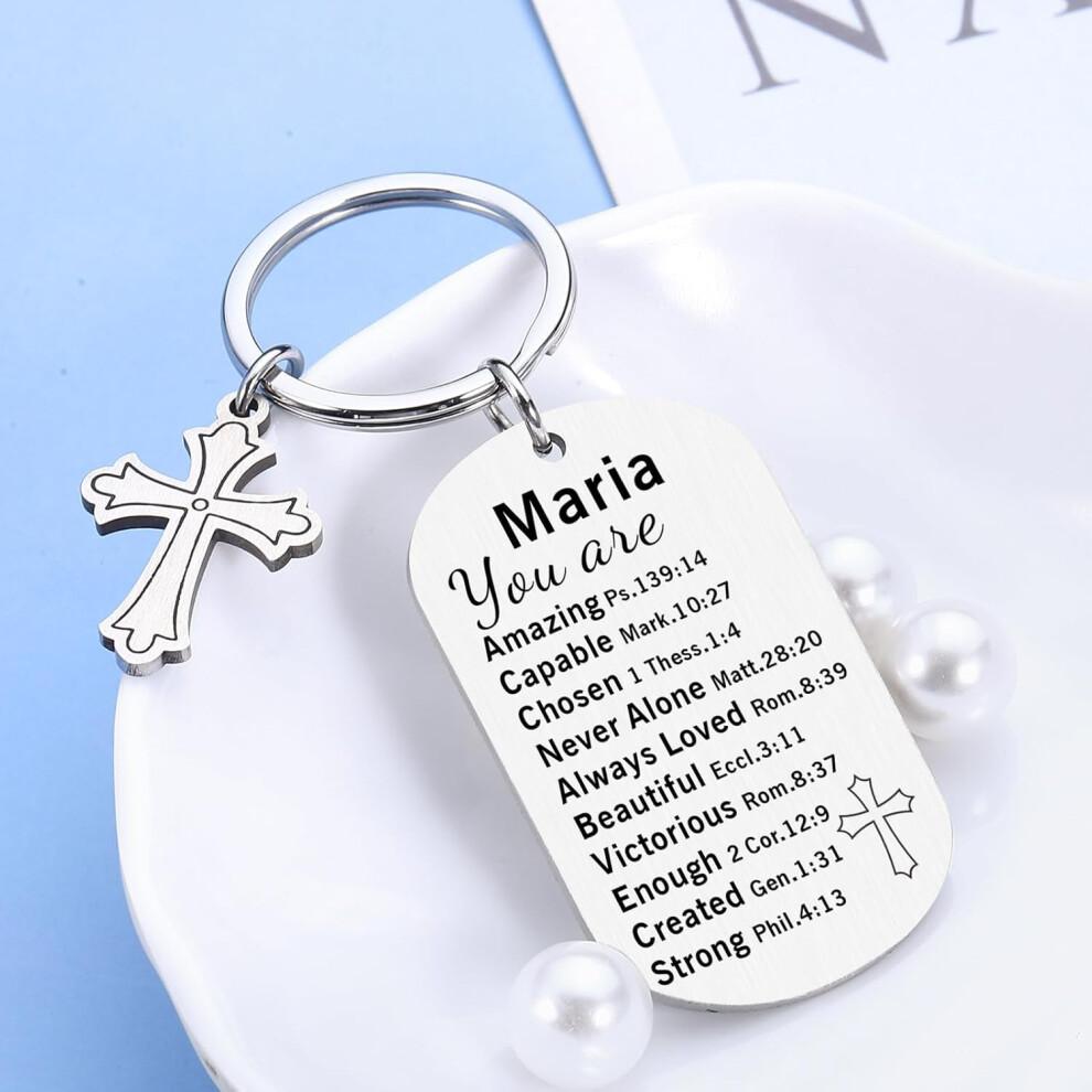 Personalized May Day Basket Gift with Bible Verse Keychain – Custom Name Cross Keychain for First Communion, Baptism – Compatible with Teens &