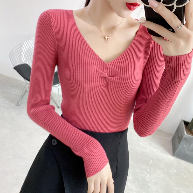 V Long Color Solid Neck Sleeve Slim Inner Bottoming Knitted Sweater Chic Tops