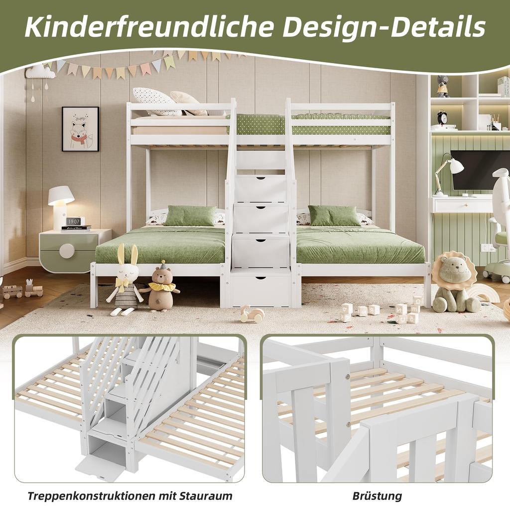 Etagenbett 90x200 3 Kinder EN747 zertifiziert Hochbett Holzbett Stauraumtreppe Jugendbett 3 Betten Lattenrost ohne Matratze Weiß