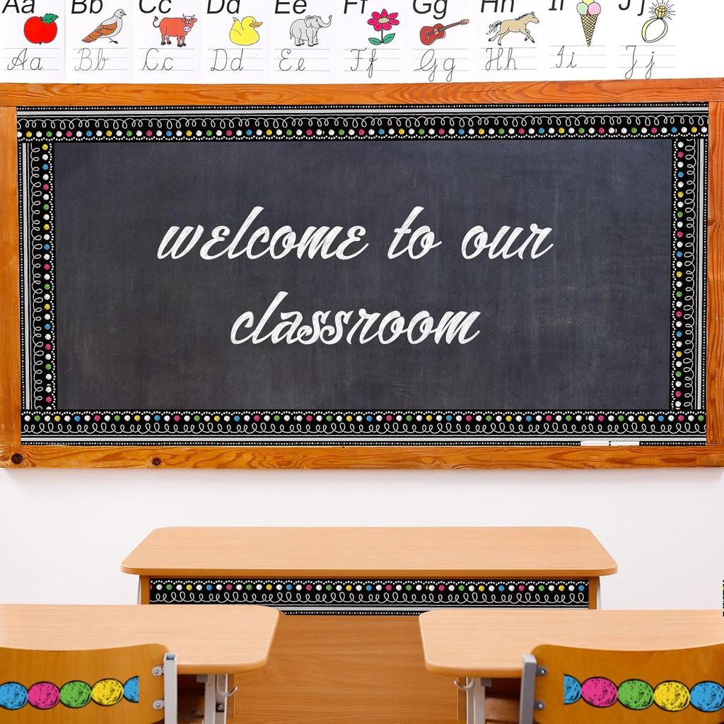 82Ft Black Brights Classroom Bulletin Board Border 72Pcs Colorful Chalkboard Border Trim Stickers for Back to School Office Decor