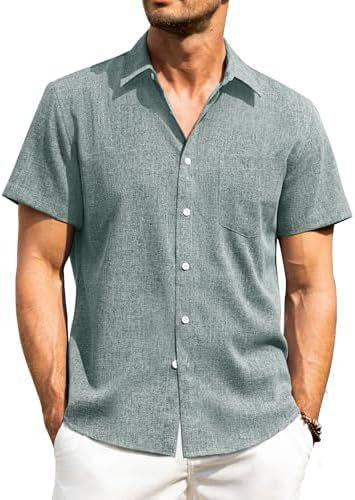 Alimens & Gentle Men's Linen Shirt Short Sleeve Button Up Shirt Wrinkle Free Casual Vacation Beach Summer