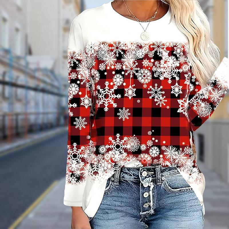 Women Autumn Tops Christmas Cat Print Causal Long Sleeve T-shirt Top Blouse