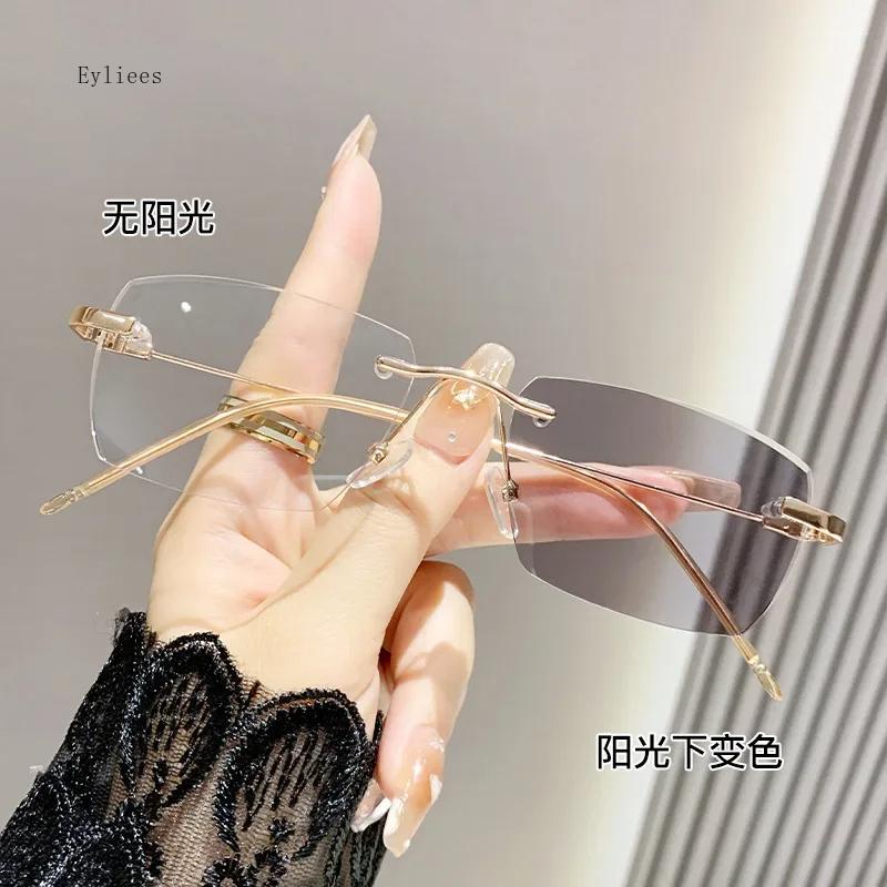 Smart Outdoor Photochromic Myopia Glasses Women Men Rimless Anti Blue Light Near-sighted Finished Diamond-cut Eyeglasses Diopter