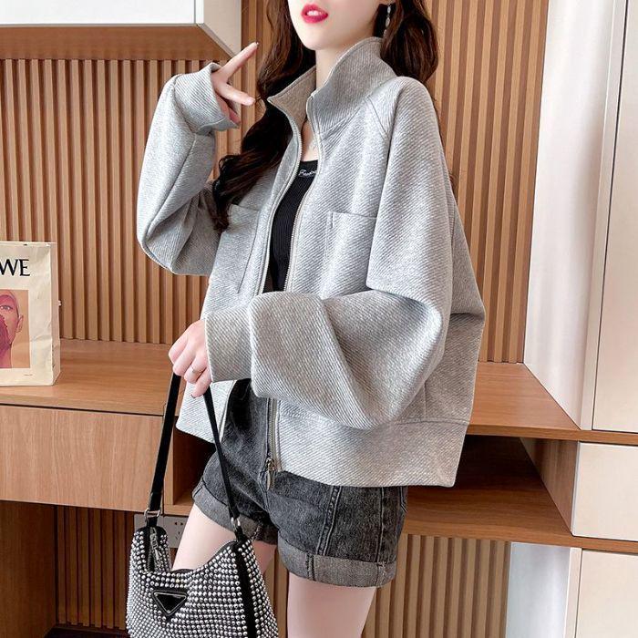 Women's Petite Korean Style Loose Zipper Jacket - Trendy Spring/Autumn Streetwear