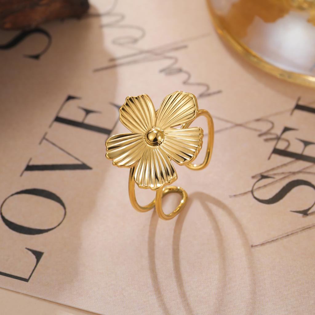 Stainless Steel Gold Flower Ring Women Bohemian Open Rings Aesthetic Jewelry Wedding Gift