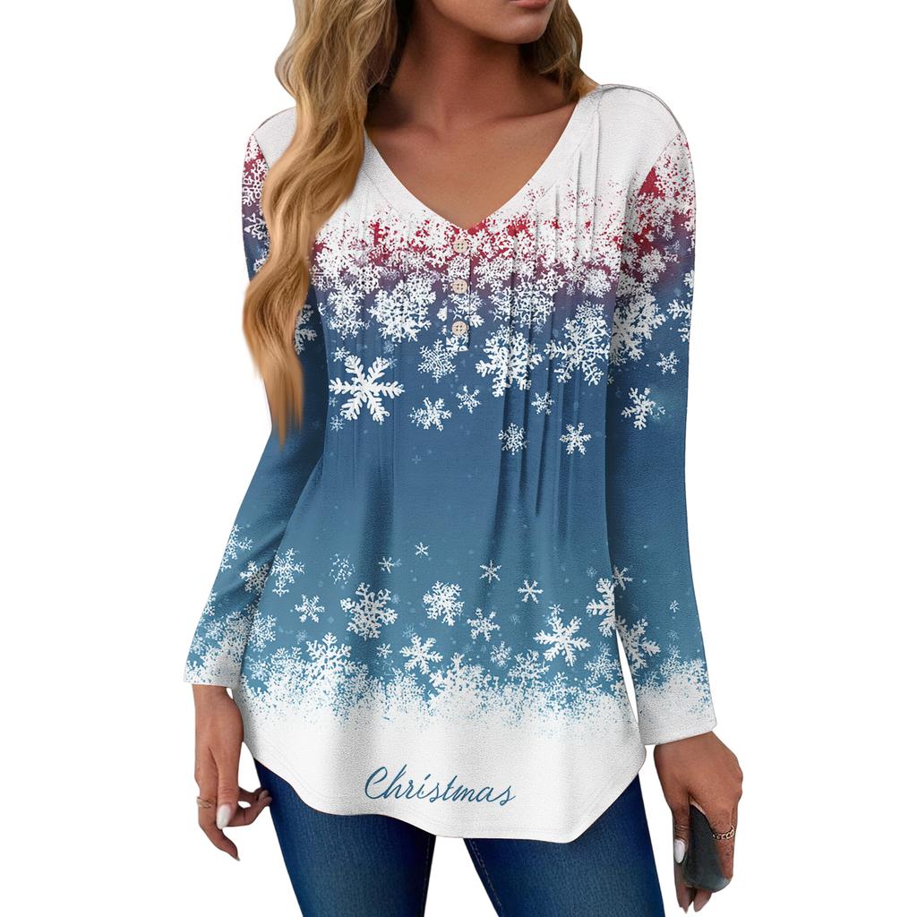 Women's Fashion Casual Christmas Tree Print V-Neck Decorative Button Long Sleeve T-Shirt Top