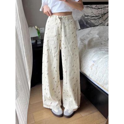 Weiße gerade Jeans im koreanischen Stil mit Bärendruck für Damen, Frühling und Herbst, neues Design, hohe Taille, Hose mit weitem Bein