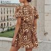 ZANZEA Women Casual Playful Leopard Print Front Tie Puff Sleeve Mini Dress