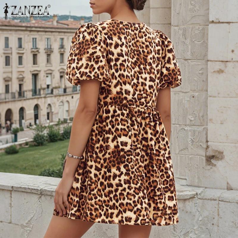 ZANZEA Women Casual Playful Leopard Print Front Tie Puff Sleeve Mini Dress