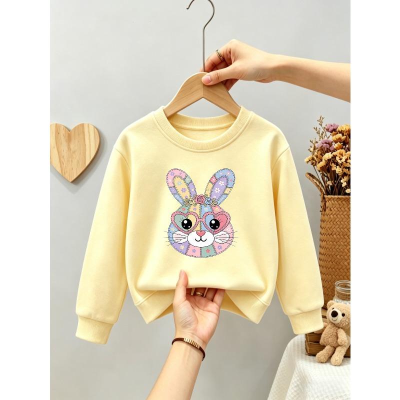 Kids Girls Crewneck Sweatshirt, Pastel Patchwork Bunny With Heart Sunglasses Floral Print Black Soft Fleece Pullover