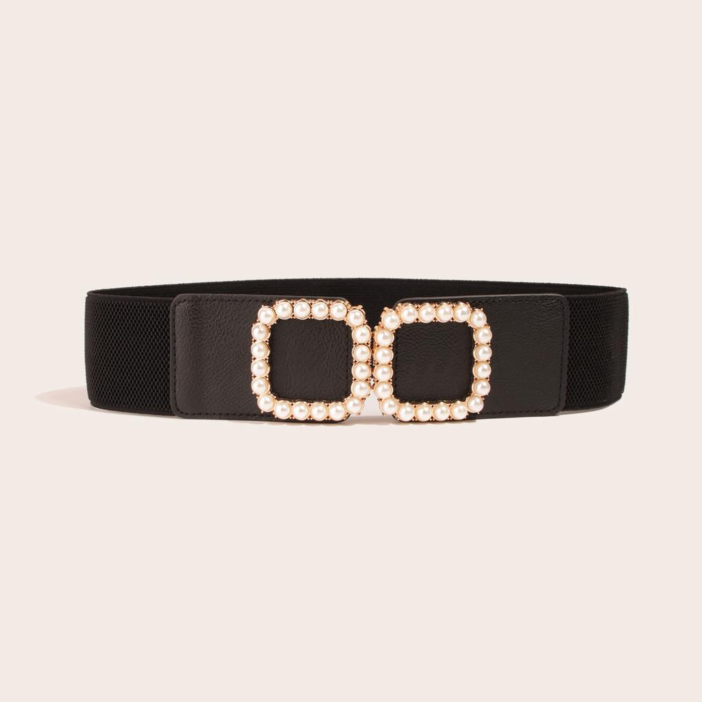New Pearl Pair Buckle Elastic Wide Ladies Waist Seal Black Sweet and Elegant Women's Waist Belt