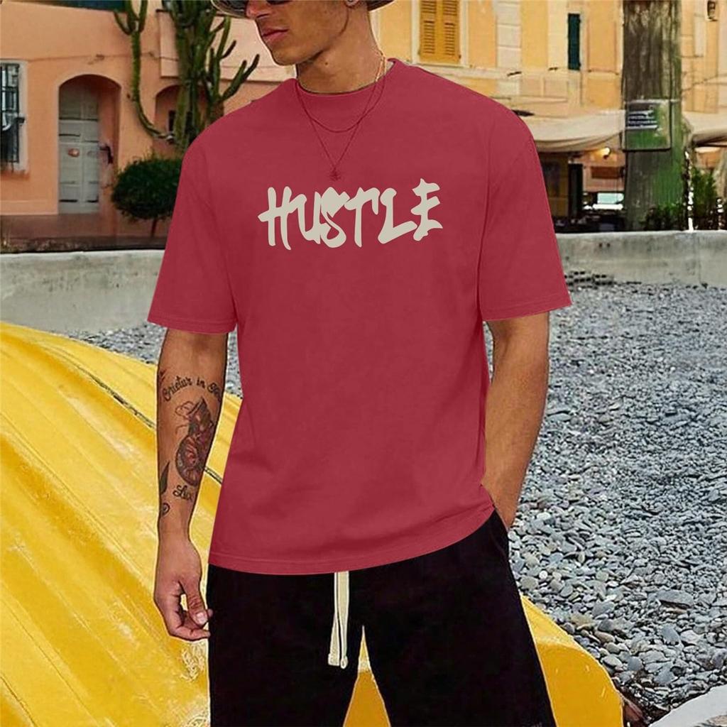 Men's "Hustle" Themed Motivational Quote Tee, Urban Streetwear Oversized Short Sleeve Top