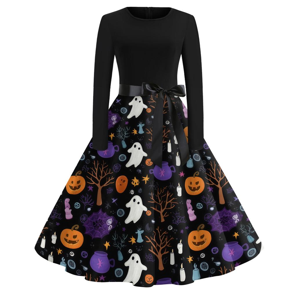 Women's Casual Vintage Halloween Dress Long Sleeve Round Neck A-Line Midi Dress with Bow Waistband and Pumpkin Print Skirt