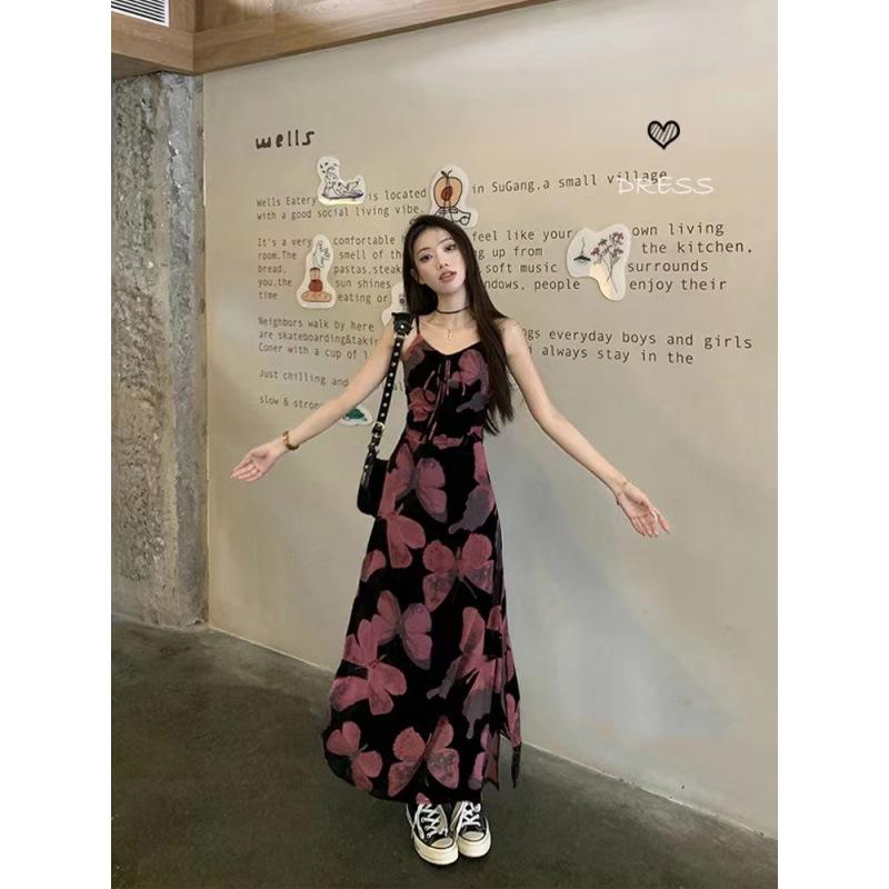Retro Spice Girl Butterfly Printed Suspender Dress Women's Summer New Slim Waist Temperament Hip Wrap Dress