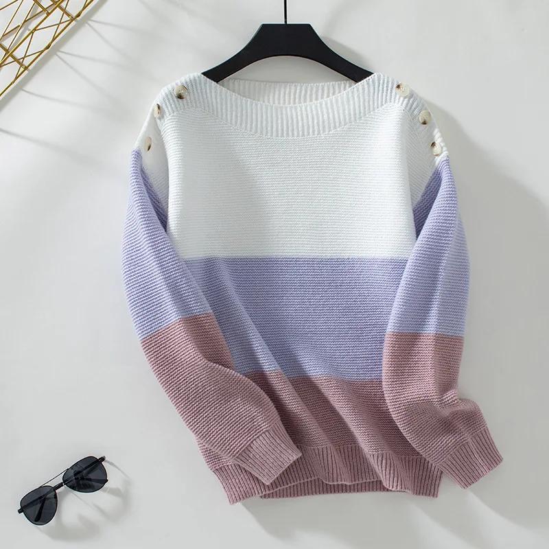 

Женский трикотаж в полоску, свободные свитера с длинным рукавом, модные свитера на осень и зиму, вязаные свитера с прямым воротником, топы Y2K S фиолетовый