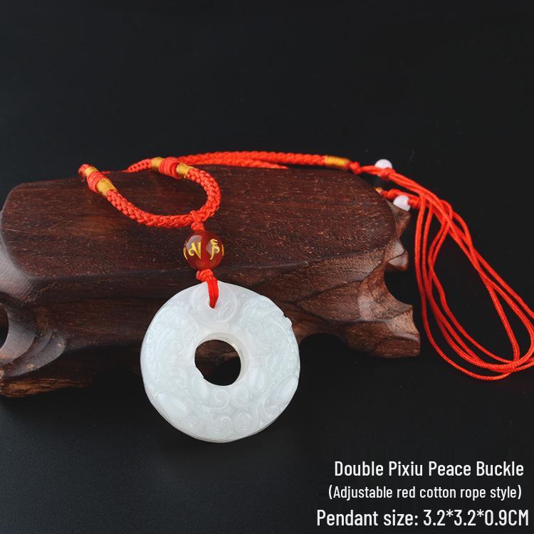 Blue Jade Pendant Necklace with White Jade Pixiu for Men & Women, Sweater Chain Cotton Linen Gift