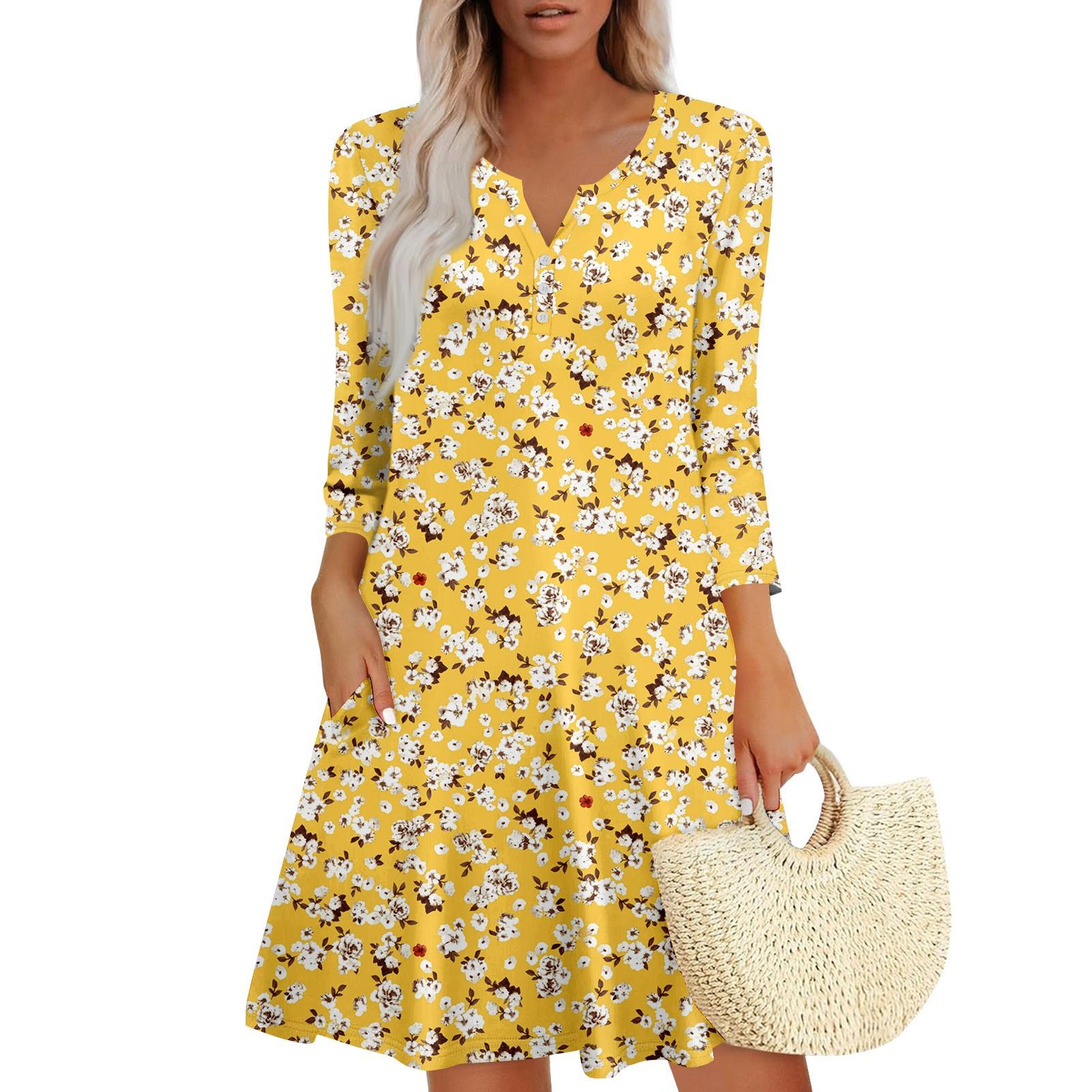

Женское летнее платье, свободное платье с V-образным вырезом, рукавом три четверти и карманами L жёлтый