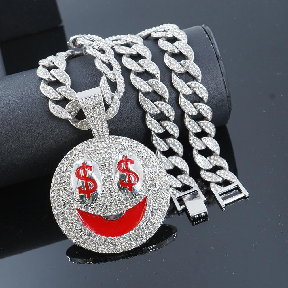 Hip Hop New Product Full Diamond Smiling Face USD Alloy Pendant Personalized European and American Men's Cuban Chain Rock Bounce Di Necklace
