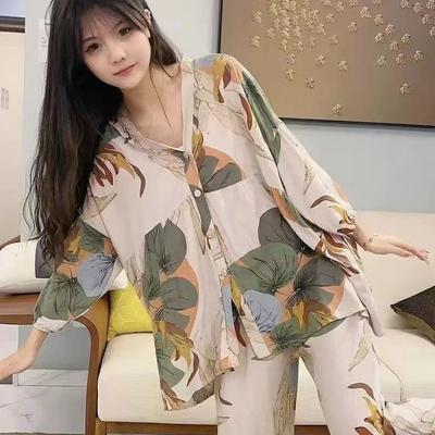 Pijama de algodão e seda de verão, calças grandes femininas, conjunto de duas peças com mangas 3/4