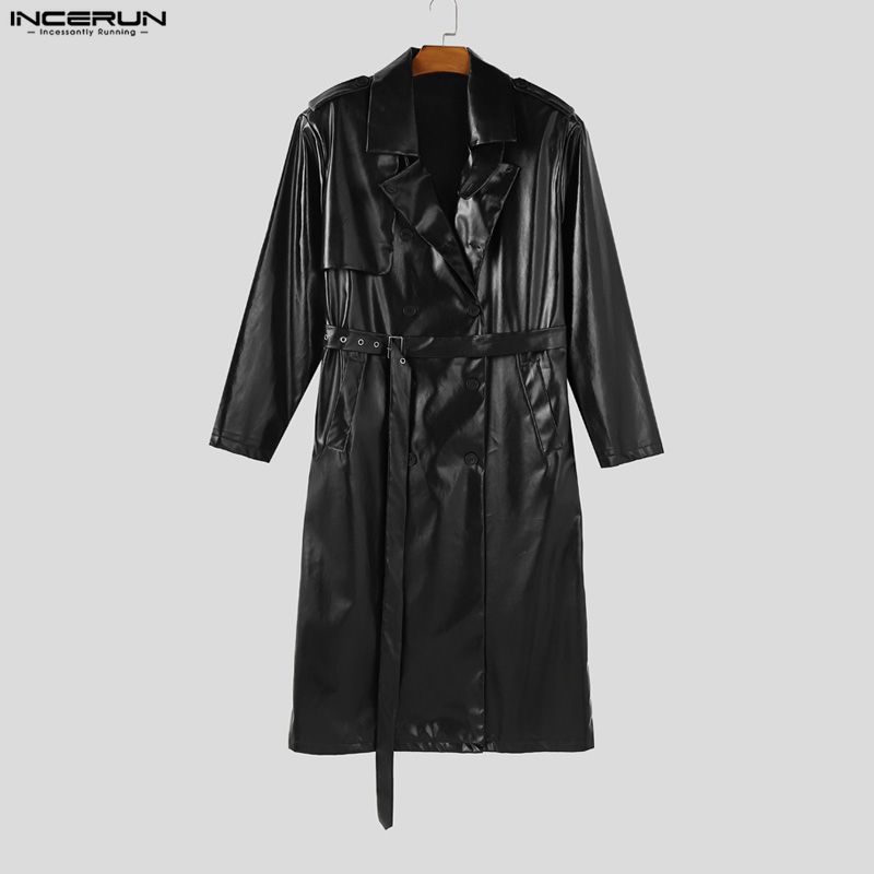 INCERUN Winter Men Long Sleeve Long PU Leather Coats Overcoat Outerwear