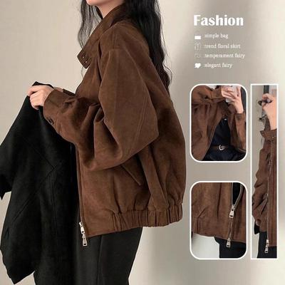 Giacca da Donna in Pelle Scamosciata Stile Retro Americano - Primavera/Autunno 2025 Trendy Petite Corta di Alta Gamma