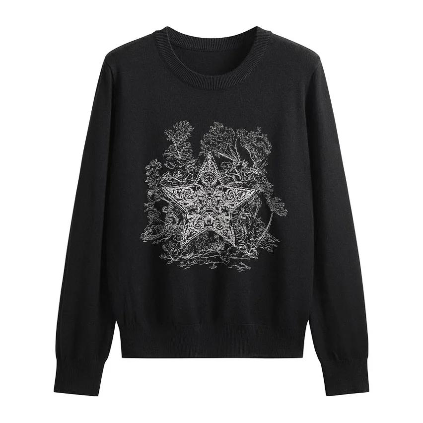 Высококачественный женский вязаный свитер с круглым вырезом свободный вязаный пуловер с вышивкой звезды корейский модный повседневный пуловер с длинным рукавом C-016 One Size чёрный 4186₽
